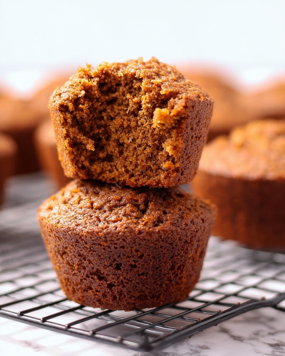 The image shows two brown muffins stacked on top of each other on a black wire rack, placed on a white marbled surface. The bottom muffin has a darker brown color with a slightly rough texture and some crumbly edges. The top muffin is lighter brown with a coarse, crumbly texture and has a large bite taken out of it, revealing a moist and dense interior. In the background, there are blurred muffins of the same kind. The lighting is bright, giving the muffins a warm appearance. Photo taken with an iphone --ar 4:5 --v 7