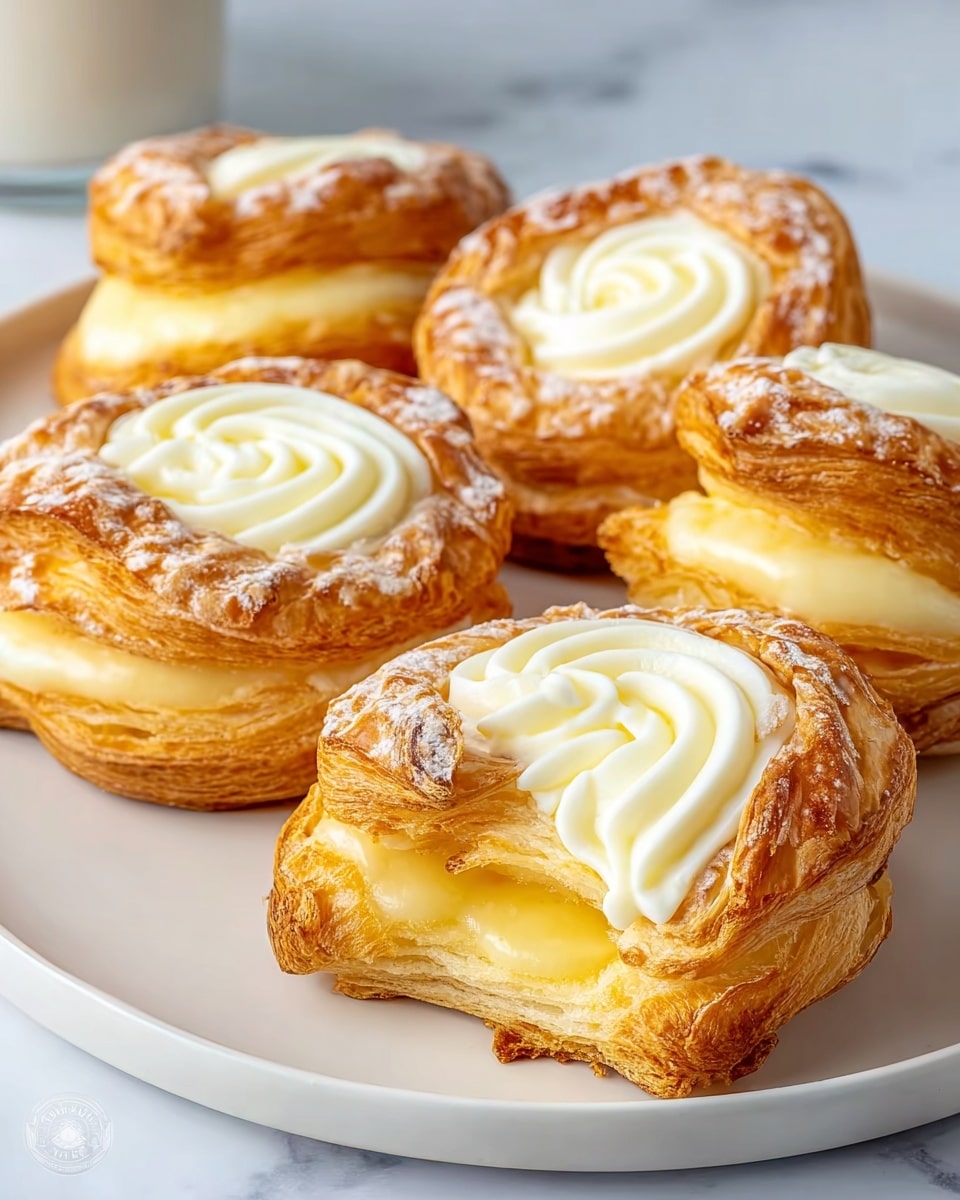 The image shows five pastries on a white plate placed on a white marbled surface. Each pastry has three layers: the outer layer is golden brown, flaky, and puffed with visible crisp edges; the middle layer is a creamy white swirl of icing or cream decorating the top; the inner layer consists of a pale yellow custard filling in the center, which appears smooth and slightly glossy. The pastries are arranged closely with one slightly in front, showing the flaky texture and soft inside. Photo taken with an iphone --ar 4:5 --v 7