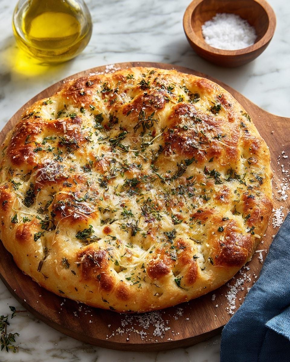 A round flat focaccia bread with a golden-brown crust, topped with melted cheese, finely chopped green herbs evenly spread across the surface, and sprinkled with coarse white sea salt. The bread has a slightly puffed and bubbly texture with some browned spots, resting on a wooden board. Nearby, there is a small wooden bowl of coarse salt and a glass bottle with light yellow oil. The scene is set on a white marbled surface with a blue cloth partially visible. Photo taken with an iphone --ar 4:5 --v 7