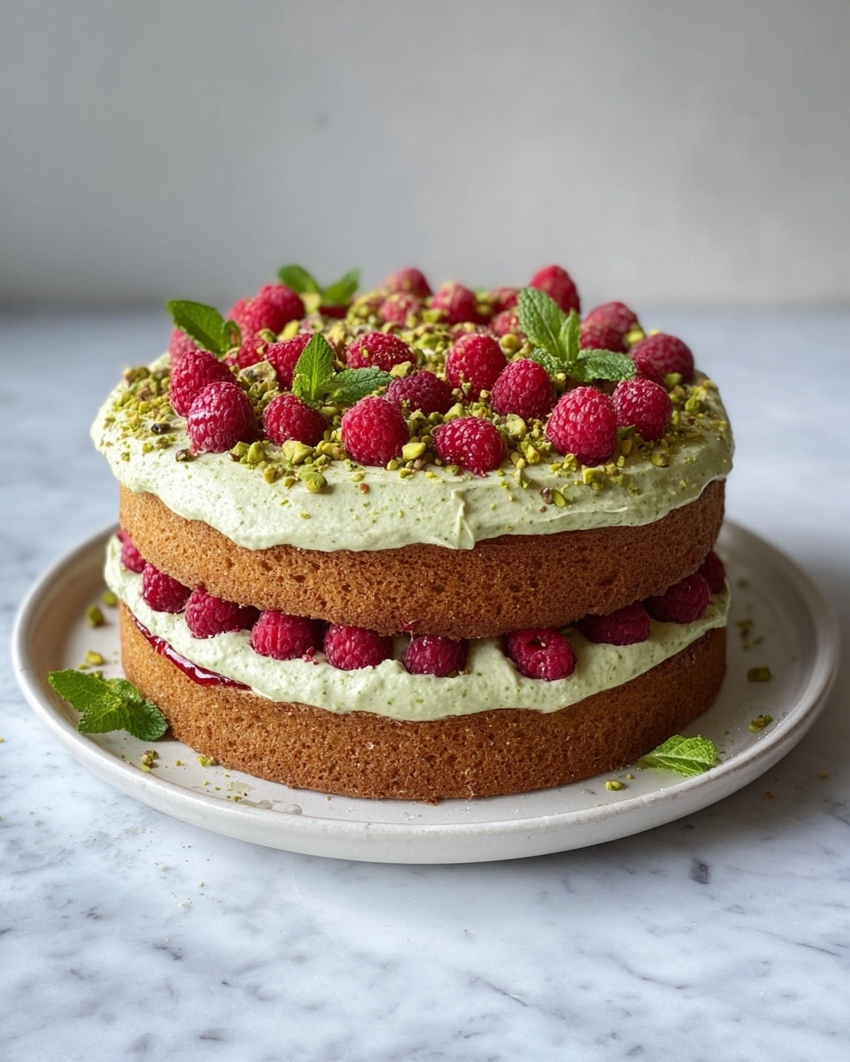 A two-layer sponge cake with a golden brown color sits on a white plate, placed on a white marbled surface. The bottom layer is topped with a thick light green cream, fresh red raspberries, and a thin layer of red jam peeking through. The top layer has the same light green cream spread thickly, decorated with scattered whole fresh red raspberries, small chopped green pistachios, and fresh green mint leaves. A few mint leaves are also placed around the base of the plate. The overall look is fresh and natural, with rough textured cream and bright berries. photo taken with an iphone --ar 4:5 --v 7