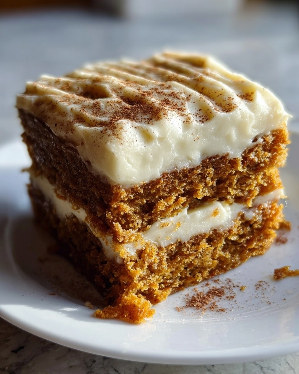 A close-up image of a square piece of layered carrot cake on a white plate. The cake has three visible layers, with two thick, moist, golden-brown cake layers that have a slightly crumbly texture. In between these cake layers and on top is a thick, creamy layer of smooth, white frosting, spread with soft ridges and a light dusting of brown cinnamon powder on the top. The white plate rests on a white marbled textured surface with soft natural light highlighting the details of the cake. Photo taken with an iphone --ar 4:5 --v 7