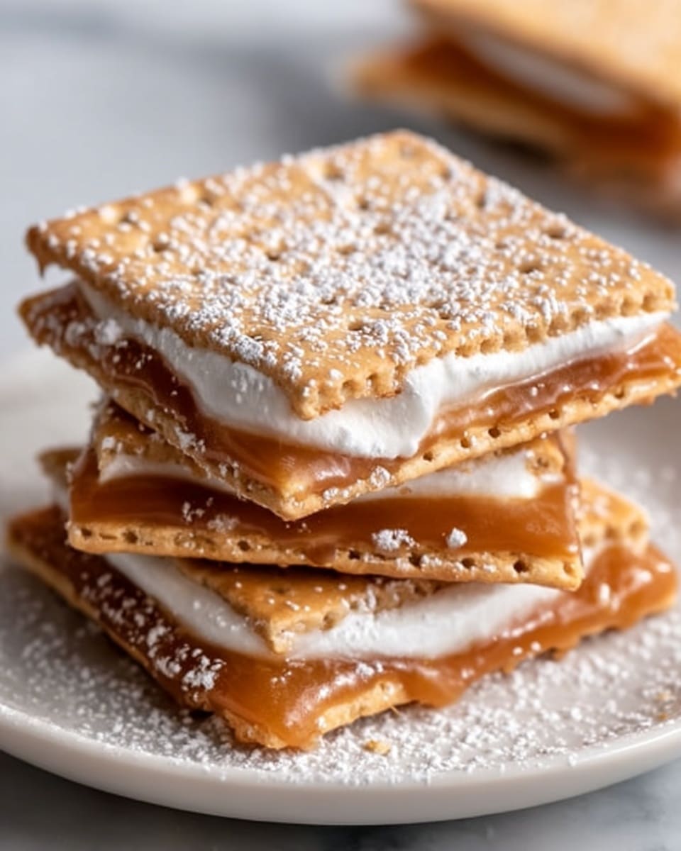 The image shows three square layers stacked on a white plate, placed on a white marbled surface. Each layer is a light golden brown cracker with caramel spread on top, and a thin layer of white cream between the crackers. The caramel looks smooth and shiny, while the cream is soft and fluffy. The top cracker is dusted with a light sprinkle of powdered sugar, adding a delicate white coating. The crackers have a slightly rough texture with small perforations. Photo taken with an iphone --ar 4:5 --v 7