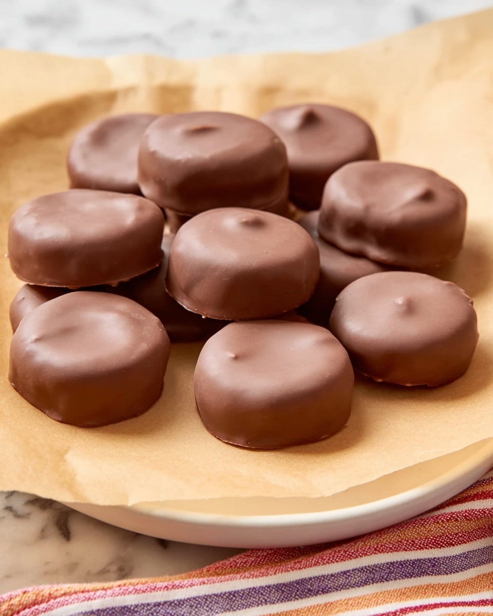 The image shows about fifteen smooth, milk chocolate-covered rounds placed on a piece of light brown parchment paper, which rests on a white plate with a colorful striped cloth underneath. Each chocolate round is thick and shiny with a small dip or mark on the top surface, appearing soft and creamy inside but covered completely in chocolate. The round shapes vary slightly in size and are grouped closely together, giving a neat and tidy arrangement on the paper. The overall feeling is of sweet, homemade chocolate treats ready to be enjoyed, set against a white marbled texture. photo taken with an iphone --ar 4:5 --v 7