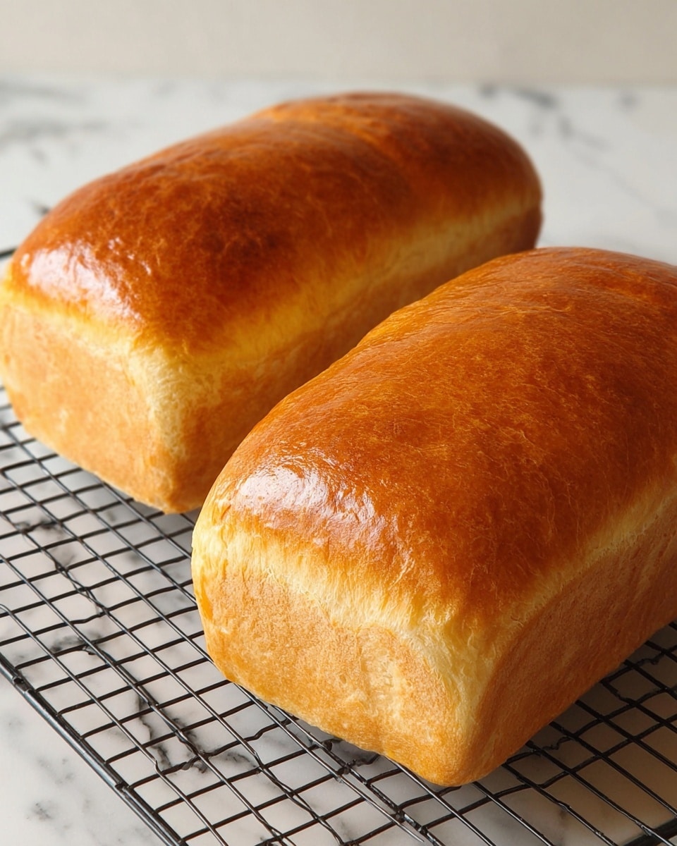 Two golden brown loaves of bread with smooth, shiny crusts rest on a black wire cooling rack. The loaves have a soft, slightly puffy texture on their sides, with a light beige color under the glossy top. The background is a white marbled surface, giving a clean and bright look to the image. photo taken with an iphone --ar 4:5 --v 7