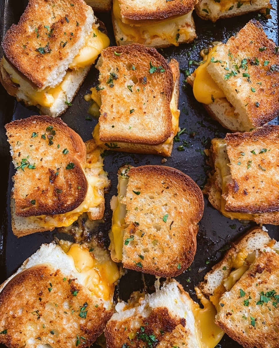 A stack of small garlic bread sandwiches with melted bright orange cheddar cheese peeking out between two golden toasted garlic bread slices, topped with small bits of green parsley. The bread has a rough, crispy texture with visible herbs sprinkled on top. The sandwiches are piled up on a wooden cutting board against a white marbled background. photo taken with an iphone --ar 4:5 --v 7