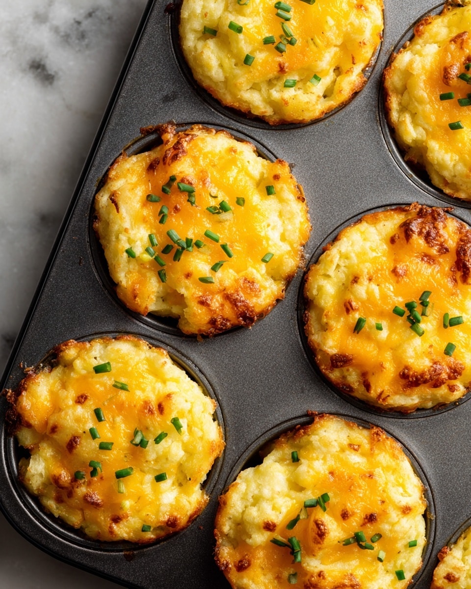 The image shows golden cheesy mashed potato puffs baked in a muffin tin with six visible portions. Each puff has a light yellow base layer that is soft and fluffy with a textured surface. The top layer is melted cheddar cheese, slightly browned and crispy, scattered unevenly over each puff. Small chopped green chives are sprinkled on top of the cheese, adding a bright green color contrast. The muffin tin is metallic black, and the photo is taken on a white marbled texture surface. The lighting highlights the golden brown and cheesy texture clearly, showing the warm and fresh look of the puffs. photo taken with an iphone --ar 4:5 --v 7