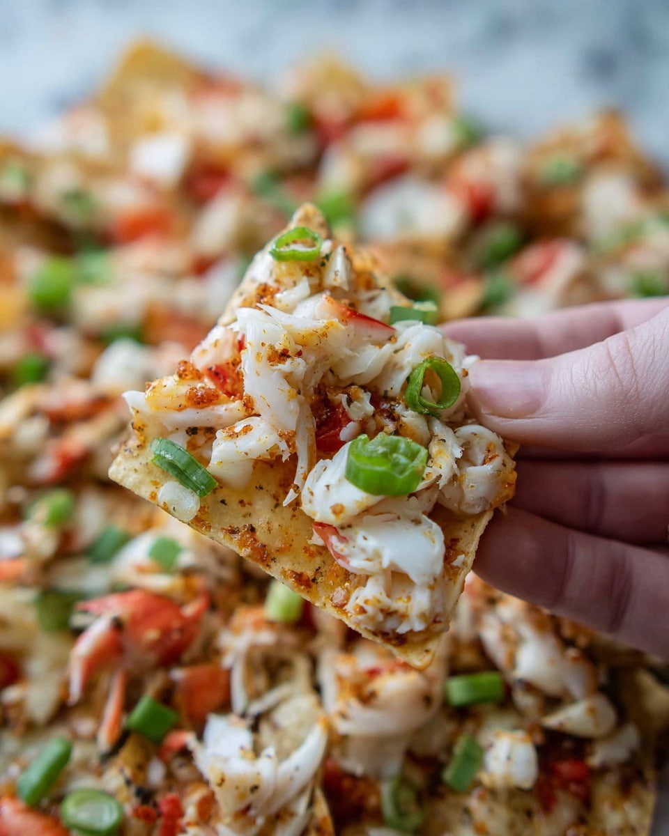 A woman's hand is holding a piece of nachos close to the camera. The nachos have a crispy light brown base, topped with white chunks of melted cheese, small pieces of red and white crab meat, and green sliced scallions scattered on top. The nacho chip is covered evenly with these toppings, with some spices giving a slight orange color. The background shows a pile of loaded nachos with the same toppings on a white marbled surface. Photo taken with an iphone --ar 4:5 --v 7
