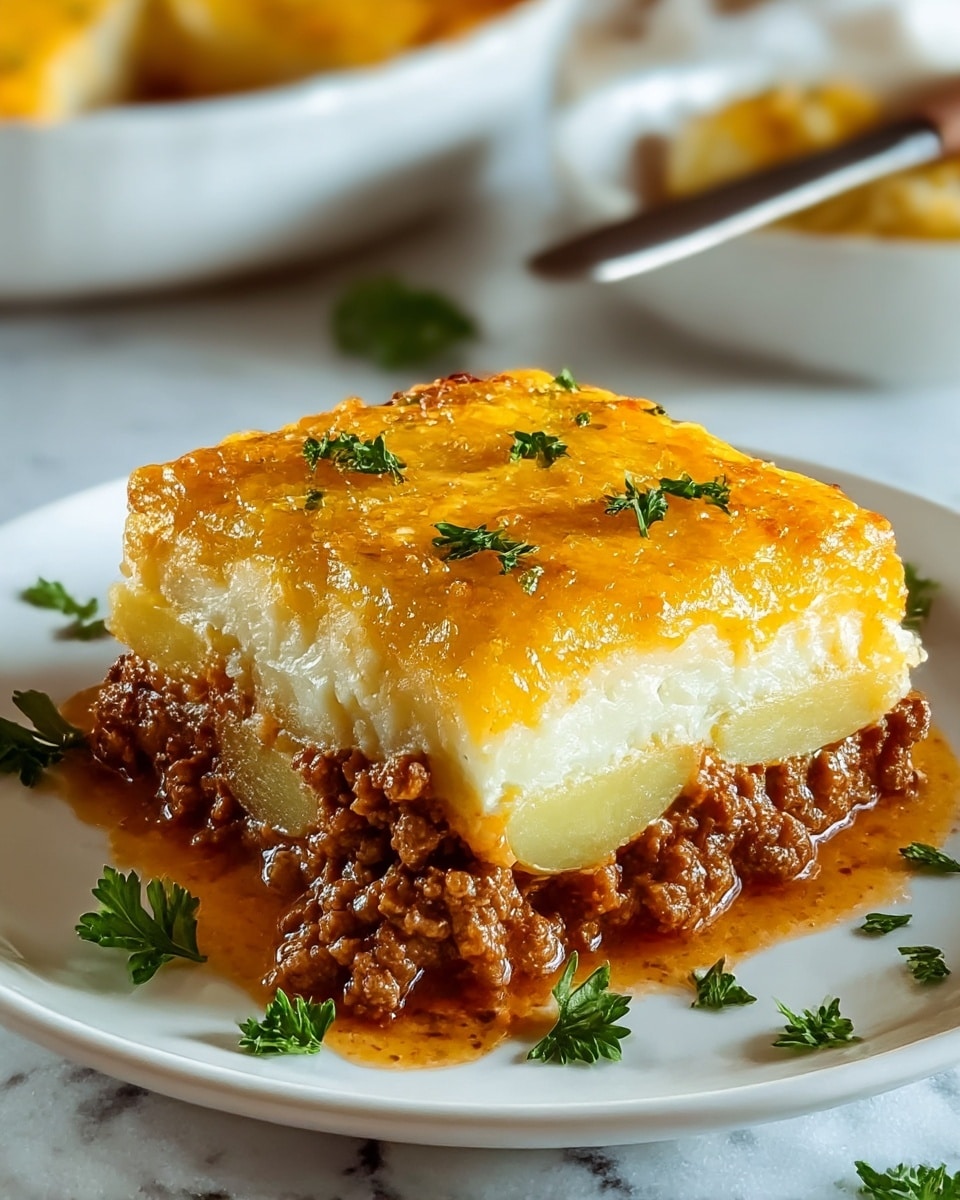 A close-up of a baked dish in a white oval baking dish showing three distinct layers: the bottom layer is rich ground meat in a dark brown color with a greasy texture, the middle layer is creamy mashed potatoes with a smooth white color, and the top layer consists of thinly sliced potatoes baked to a golden yellow with a slightly browned, crispy melted cheese crust sprinkled with small bits of chopped green herbs. Some cheese has melted and browned unevenly, giving a textured look, and a portion of the dish has been scooped out to reveal the layers. The scene is set on a white marbled surface. photo taken with an iphone --ar 4:5 --v 7