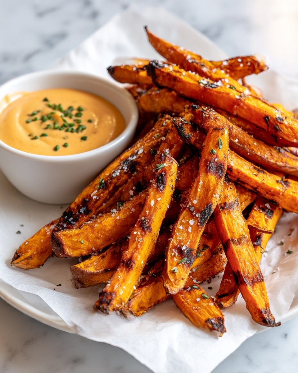 A pile of crispy, golden-orange sweet potato fries with dark grill marks scattered all over each fry, sprinkled with coarse salt and small green herb leaves, sits on white parchment paper on a white plate. Behind the fries is a small white bowl filled with a creamy, light orange dipping sauce, topped with tiny green herb pieces. The background shows a white marbled surface with soft lighting enhancing the colors and details. photo taken with an iphone --ar 4:5 --v 7