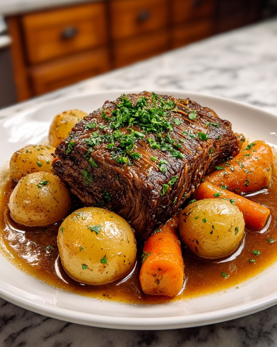 A white plate holds a generous piece of dark brown, tender pot roast at the center, topped with bright green chopped parsley. Surrounding the roast are glossy, golden-brown small potatoes, and shiny orange whole carrots, all sitting in a rich, thick brown gravy that pools at the bottom of the plate. The plate rests on a white marbled surface, and the background shows a blurred kitchen countertop with warm wooden cabinets. photo taken with an iphone --ar 4:5 --v 7