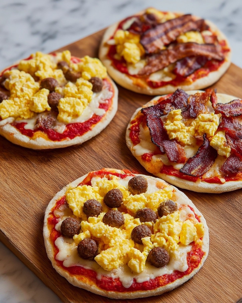 The image shows four small round pizzas on a wooden board. Each pizza has a light golden crust that borders a layer of red tomato sauce. On top of the sauce, there is a melted white cheese layer that covers the surface evenly. The pizzas are topped with bright yellow scrambled eggs, placed in small fluffy clusters. One pizza has round brown sausage pieces scattered among the eggs. Another pizza features slices of crispy, dark red-brown bacon alongside the scrambled eggs. The wooden board is set on a white marbled textured background. photo taken with an iphone --ar 4:5 --v 7