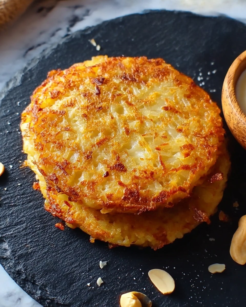 Two golden brown, crispy potato pancakes are stacked on a round black slate plate. The top pancake shows a crunchy texture with small, browned potato bits and a slightly uneven surface. To the upper right, a round wooden bowl holds a white creamy sauce. Scattered around the plate's edge are a few light tan nut pieces. The slate plate sits on a white marbled texture. photo taken with an iphone --ar 4:5 --v 7