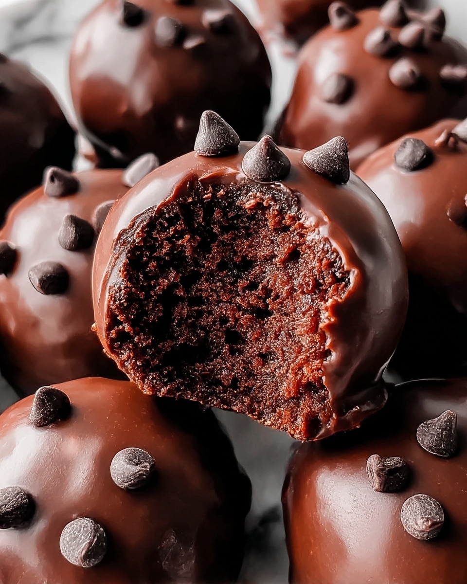 A close-up view of round chocolate cake balls coated in a thick, glossy layer of chocolate with small dark chocolate chips scattered on top. The cake balls have a rich dark brown color and a moist, crumbly texture revealed by one cake ball with a bite taken out, showing its dense chocolate interior. The smooth chocolate coating shines under soft light, highlighting the soft and rich texture of the treats. They are shown piled closely together on a white marbled surface. photo taken with an iphone --ar 4:5 --v 7