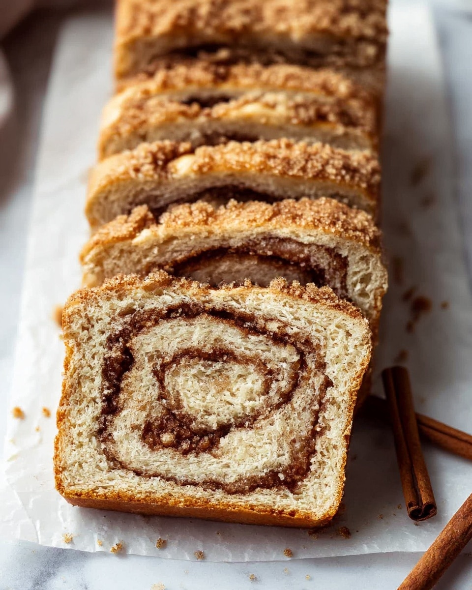 The image shows several slices of cinnamon swirl bread lined up on white parchment paper over a white marbled surface. Each slice reveals a light beige bread with a darker brown cinnamon sugar swirl inside, creating a spiral pattern. The top crust is golden brown and sprinkled with a coarse cinnamon sugar crumble, adding a rough texture and sparkle. In the front, one slice is separated from the rest, showing a soft, moist crumb and a clear cinnamon filling. Two cinnamon sticks lie at the bottom right corner near the slices. The overall scene is cozy and warm, with a soft focus on the bread texture and crumbs. Photo taken with an iphone --ar 4:5 --v 7