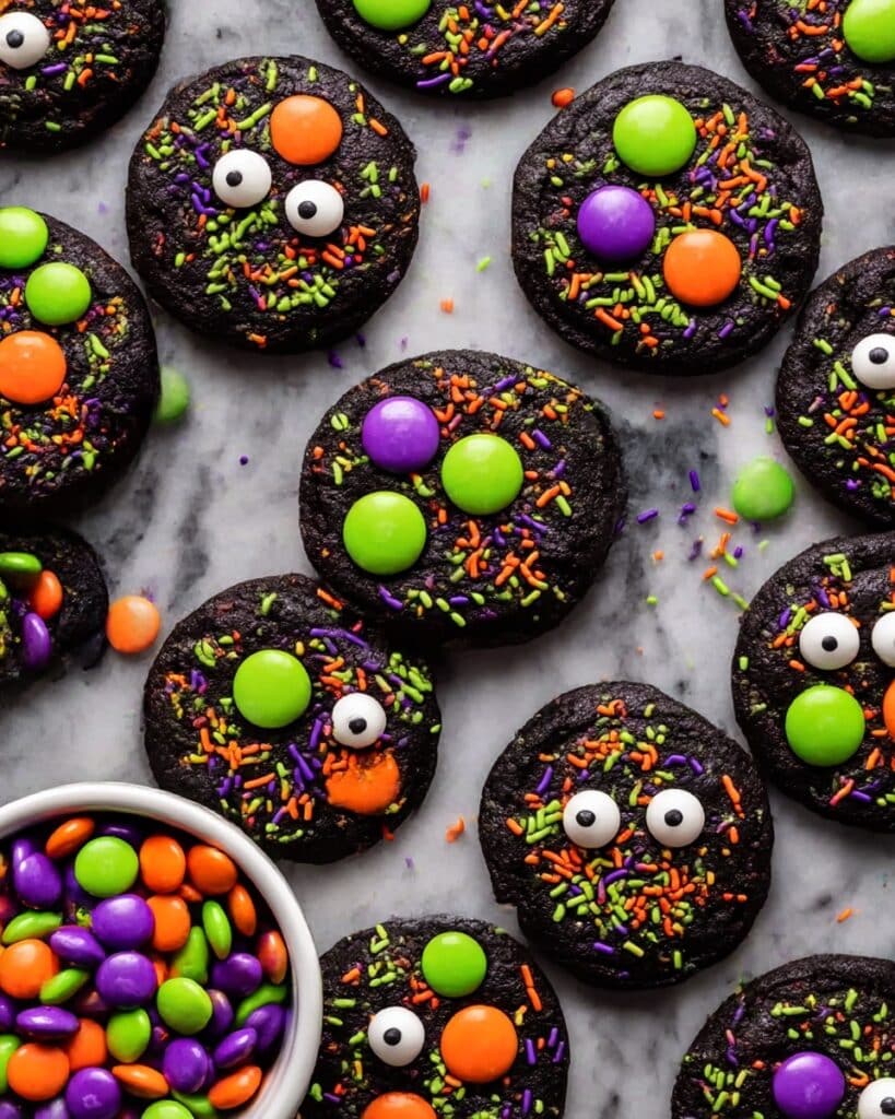 Halloween Black Cocoa Cookies with M&Ms and Candy Eyeballs Recipe