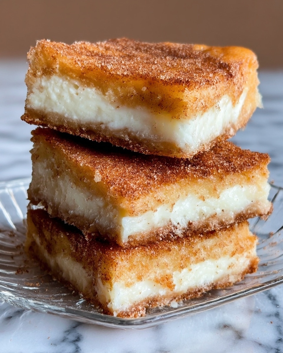 The image shows a stack of three thick, square pieces of a dessert with a golden-brown crust on top and bottom layers, and a soft, creamy white filling in the middle. Each piece has a slightly crunchy texture on the outside, with a dusting of what looks like cinnamon sugar on the crust. The layers clearly show a contrast between the crispy outer crust and the smooth, moist inner filling. The dessert is presented on a clear glass dish, all placed on a white marbled surface. Photo taken with an iphone --ar 4:5 --v 7