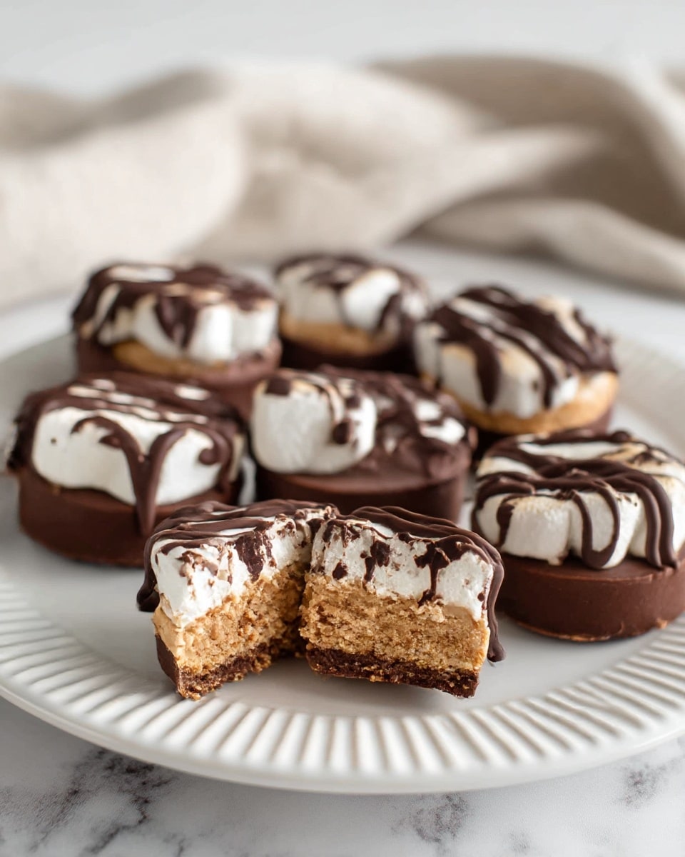 The image shows six round treats on a white plate with ridged edges, placed on a white marbled surface with a light beige cloth in the background. Each treat has three layers: the bottom layer is a dark brown, smooth chocolate base, the middle layer is a thick, light brown, crumbly cookie or peanut butter filling, and the top layer is white, fluffy marshmallows. The treats are covered in dark brown chocolate drizzle that creates irregular lines and spots over the marshmallow layer. One of the treats is sliced in half, revealing all three layers clearly. photo taken with an iphone --ar 4:5 --v 7