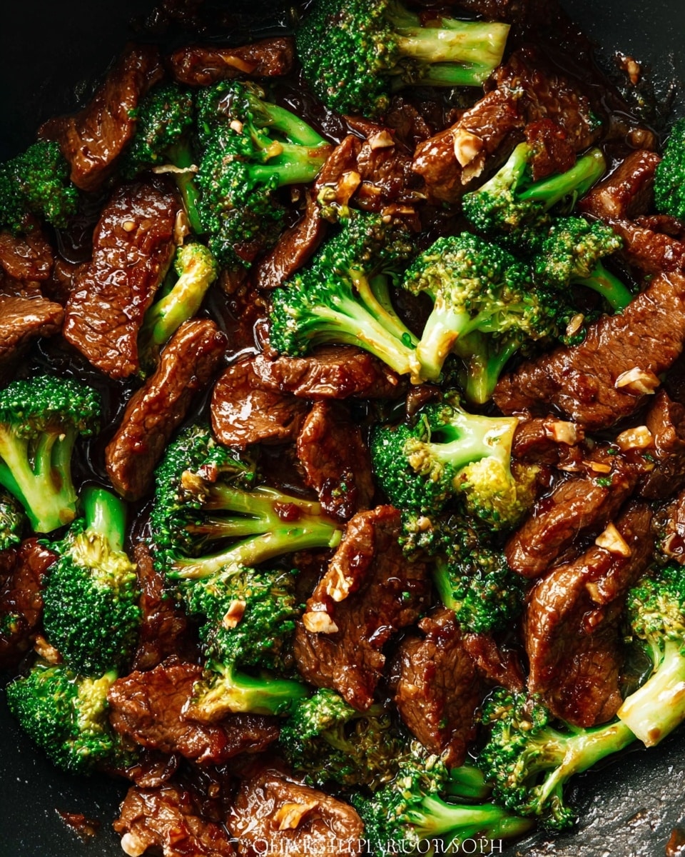 The image shows a close-up of a pan filled with cooked beef strips and broccoli pieces. The beef is dark brown with a glossy, thick sauce coating all around. Bright green broccoli florets are mixed evenly throughout, some with tender stems. The sauce has small bits of garlic or onion visible. The dark pan contrasts with the vibrant colors of the food. Photo taken with an iphone --ar 4:5 --v 7