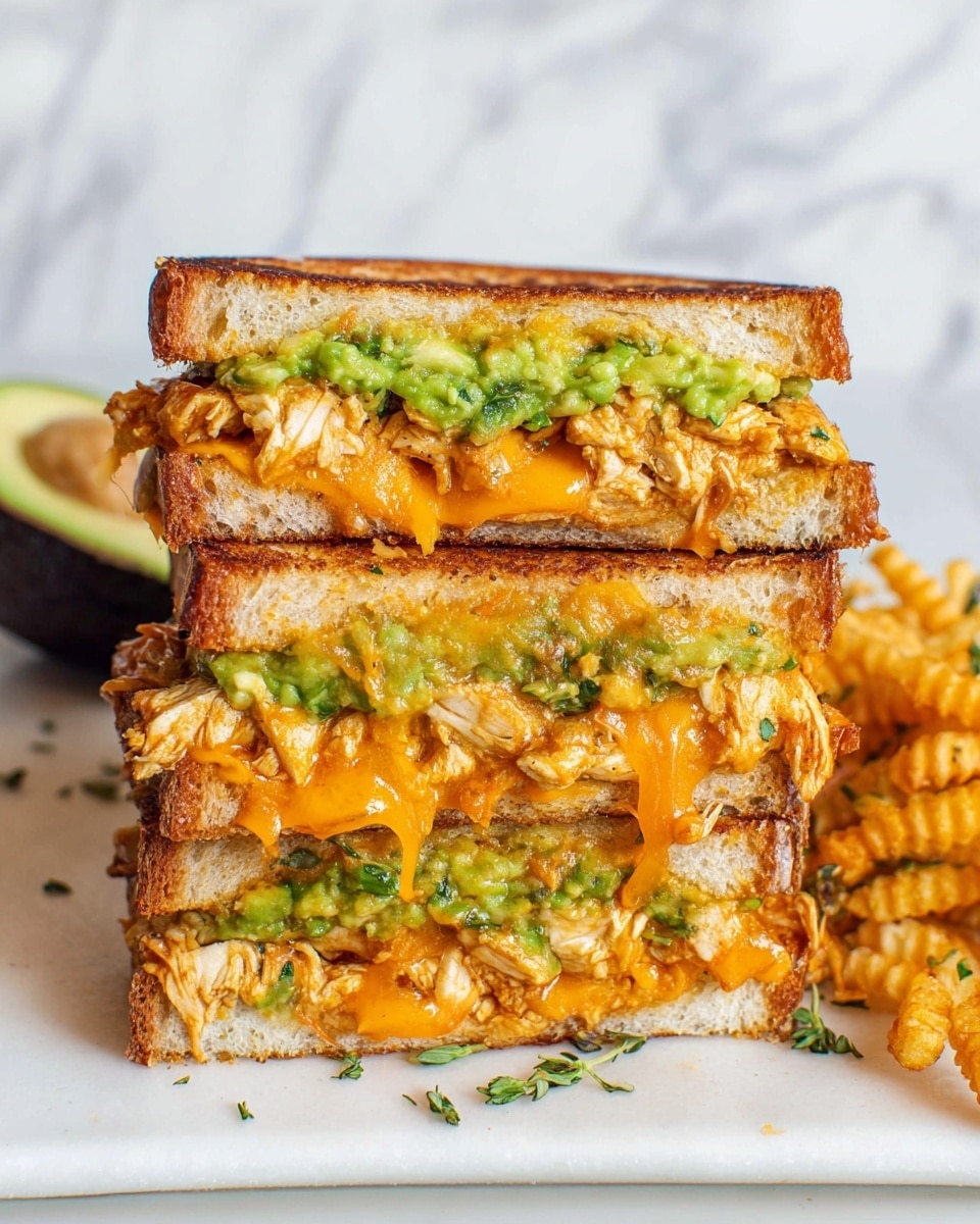 A grilled sandwich is cut in half and stacked, showing three thick layers of golden toasted white bread with a slight crunch on the outside. Between the bread layers, melted bright orange cheddar cheese oozes out, mixed with chunks of grilled chicken seasoned with herbs. On top of the chicken, there is a thick layer of green guacamole with visible small pieces of avocado and herbs, dripping slightly at the edges. The sandwich is placed on a white plate with a side of golden curly fries, with some green herbs sprinkled on top of the sandwich for added color. The background is a white marbled surface. photo taken with an iphone --ar 4:5 --v 7