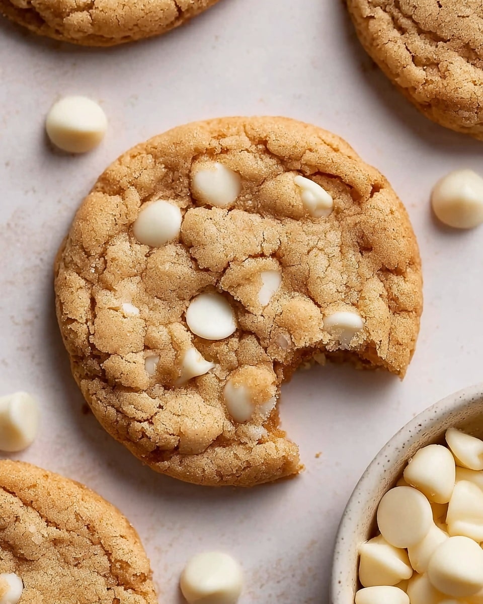 A close-up of a single round cookie with a bite taken from the lower edge, showing its soft, chewy texture. The cookie is light golden brown with cracks and embedded white chocolate chips scattered on the surface, some slightly melted. Around it are parts of other cookies and a white bowl filled with white chocolate chips placed on a white marbled textured background. photo taken with an iphone --ar 4:5 --v 7