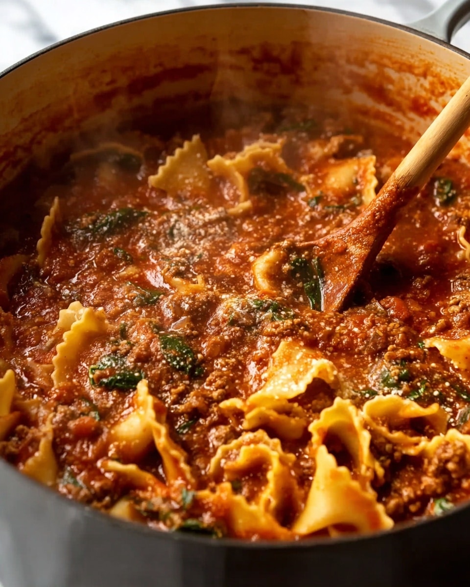A close-up of a large pot filled with thick, rich red meat sauce with ground beef and spinach, mixed with wide, flat yellow lasagna noodles that have a slightly ruffled edge, all bubbling and steaming. A wooden spoon is partially visible stirring the mixture on the right side, coated in sauce and bits of meat. The sauce looks hearty with visible herbs and a sprinkling of grated cheese. The pot is set against a white marbled texture background. photo taken with an iphone --ar 4:5 --v 7