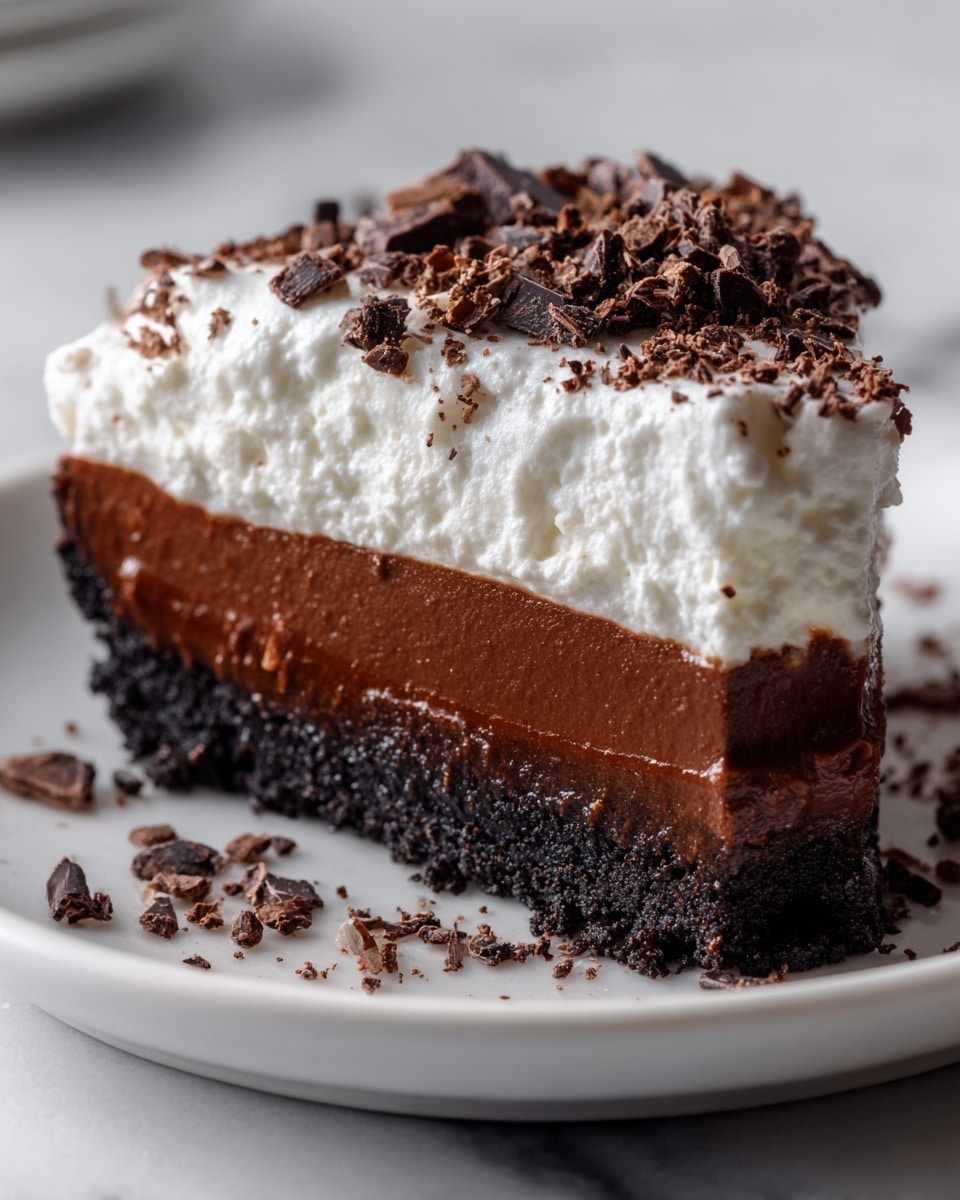 A close-up side view of a three-layer dessert slice on a white plate, positioned on a white marbled surface. The bottom layer is a dark, dense chocolate crust with a rough texture. Above it is a thick, smooth, and glossy chocolate pudding layer in a rich brown color. The top layer is a thick, fluffy white whipped cream that has a slightly bumpy texture. The top of the whipped cream is covered with small crumbled dark chocolate bits and larger rough chocolate shavings scattered unevenly. Some loose chocolate crumbs are on the plate and surface around the slice. Photo taken with an iphone --ar 4:5 --v 7