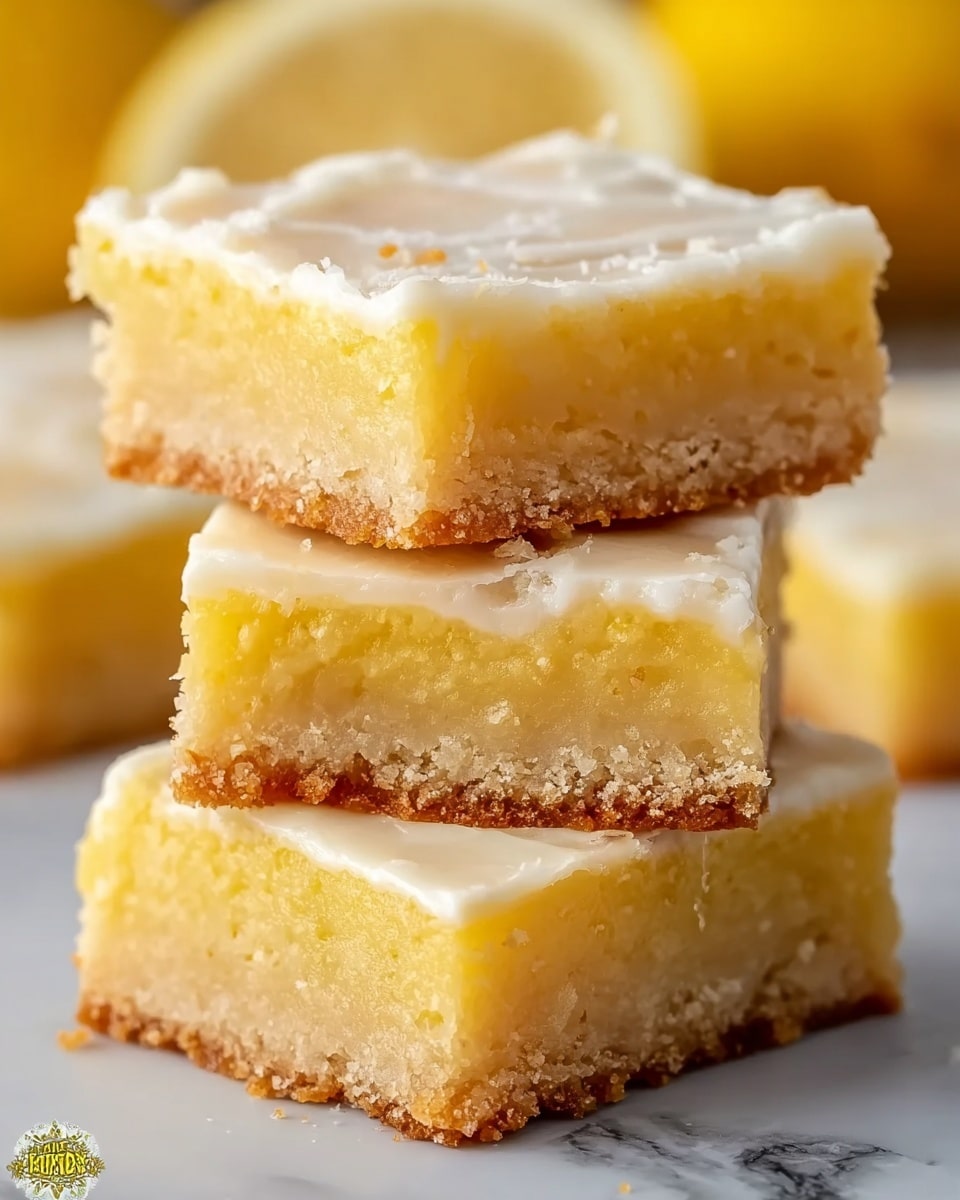 Three square lemon bars are stacked on top of each other on a white marbled surface. Each bar has two layers: a light golden brown crust at the bottom that looks slightly crumbly and a thick pale yellow filling on top that appears moist and soft. The top layer of filling is covered with a thin, slightly cracked white icing. The background is softly blurred with warm yellow tones, highlighting the bars. photo taken with an iphone --ar 4:5 --v 7