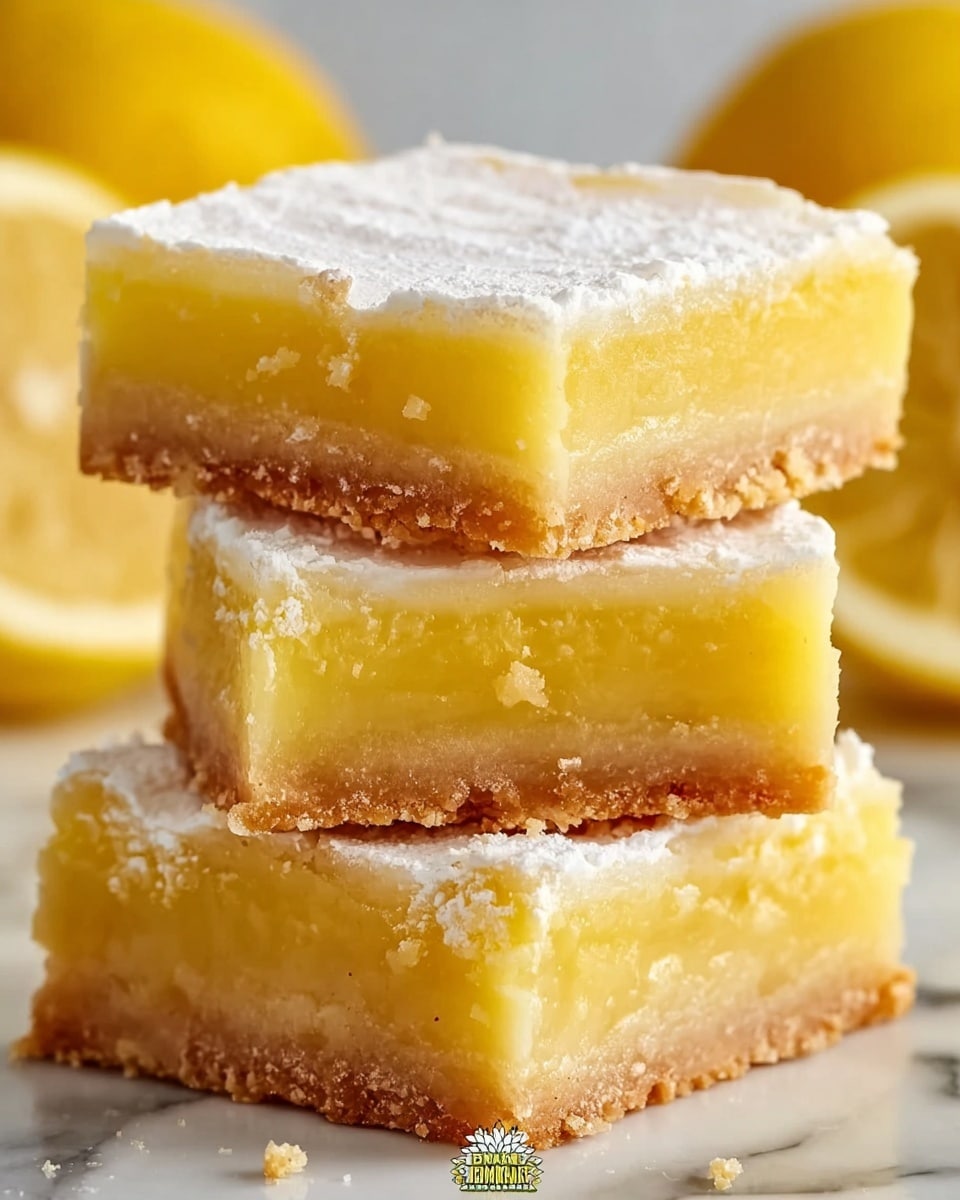 The image shows a close-up of three square lemon bars stacked on top of each other. Each bar has three clear layers: a thin, golden brown crumbly crust at the bottom, a thick, soft, and moist yellow lemon filling in the middle, and a thin, smooth white powdered sugar layer on top. The sides of the lemon bars reveal the soft texture of the filling and crumbly texture of the crust. The background is a white marbled texture with out-of-focus lemons. photo taken with an iphone --ar 4:5 --v 7