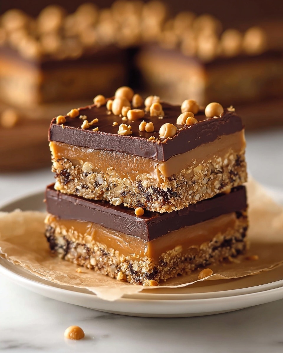 Two thick square bars with four clear layers sit on white parchment paper over a white plate against a white marbled texture. The bottom layer is a rough, crumbly golden crust with bits of nuts or oats. On top of that is a smooth, shiny dark brown chocolate layer. Above that is a smooth, light caramel-colored layer. The top layer is again shiny dark chocolate, decorated with a scatter of small round nuts in light brown and creamy shades, giving a crunchy texture contrast. The background is softly blurred, focusing on the rich texture and glossy finish of the bars. Photo taken with an iphone --ar 4:5 --v 7