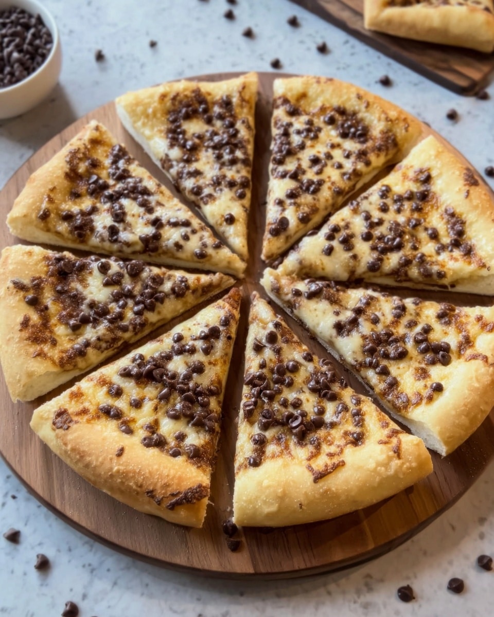 The image shows a round dessert pizza with eight slices, placed on a wooden board against a white marbled surface. The pizza has a thick, golden-brown crust on the edges. The base layer is a light golden dough topped with melted, slightly browned cheese spread evenly across the pizza. Scattered over the cheese layer are many dark chocolate chips, some slightly melted, giving a mix of smooth and textured dark brown spots. There are small clusters of crushed chocolate bits concentrated in the center area of the pizza. Additional chocolate chips are also scattered around the wooden board. Photo taken with an iphone --ar 4:5 --v 7