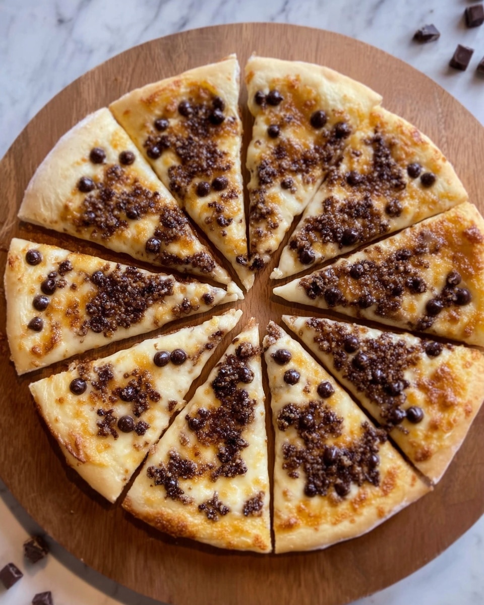 A round dessert pizza sliced into eight equal pieces is displayed on a wooden pizza board. The thick crust is golden and fluffy, surrounding a layer of melted, slightly browned cheese mixed with scattered dark brown chocolate chips spread evenly across the top. A few stray chocolate chips are scattered around the board. The background is a white marbled texture. photo taken with an iphone --ar 4:5 --v 7