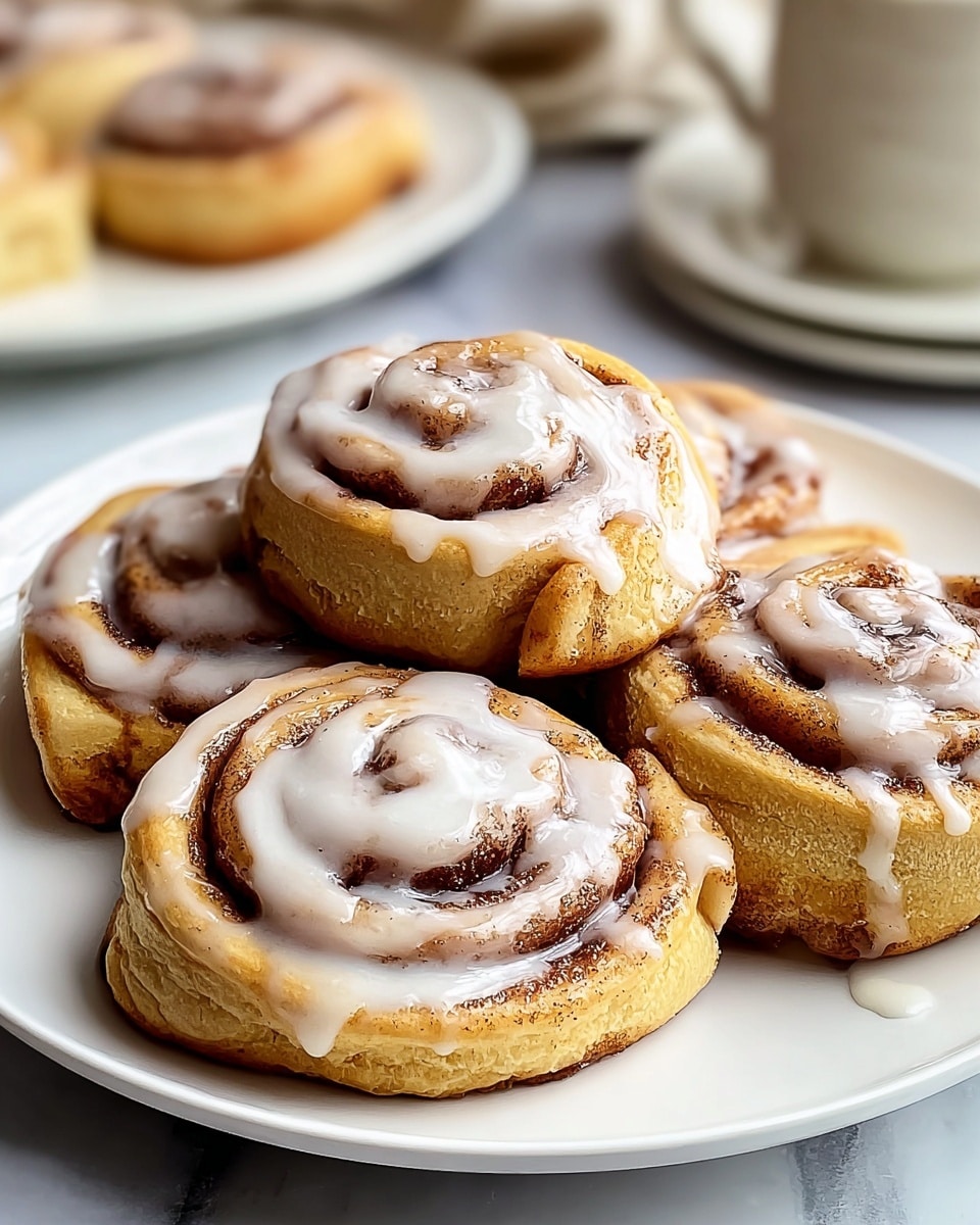 The image shows a white plate filled with five cinnamon rolls, each having two main layers. The base layer is light golden brown dough with a soft, slightly cracked texture. The top layer is a swirl of dark brown cinnamon filling, covered by a shiny, creamy white icing drizzled unevenly over the rolls. The plate sits on a white marbled surface with a soft focus background that includes another plate of cinnamon rolls and a cup. photo taken with an iphone --ar 4:5 --v 7
