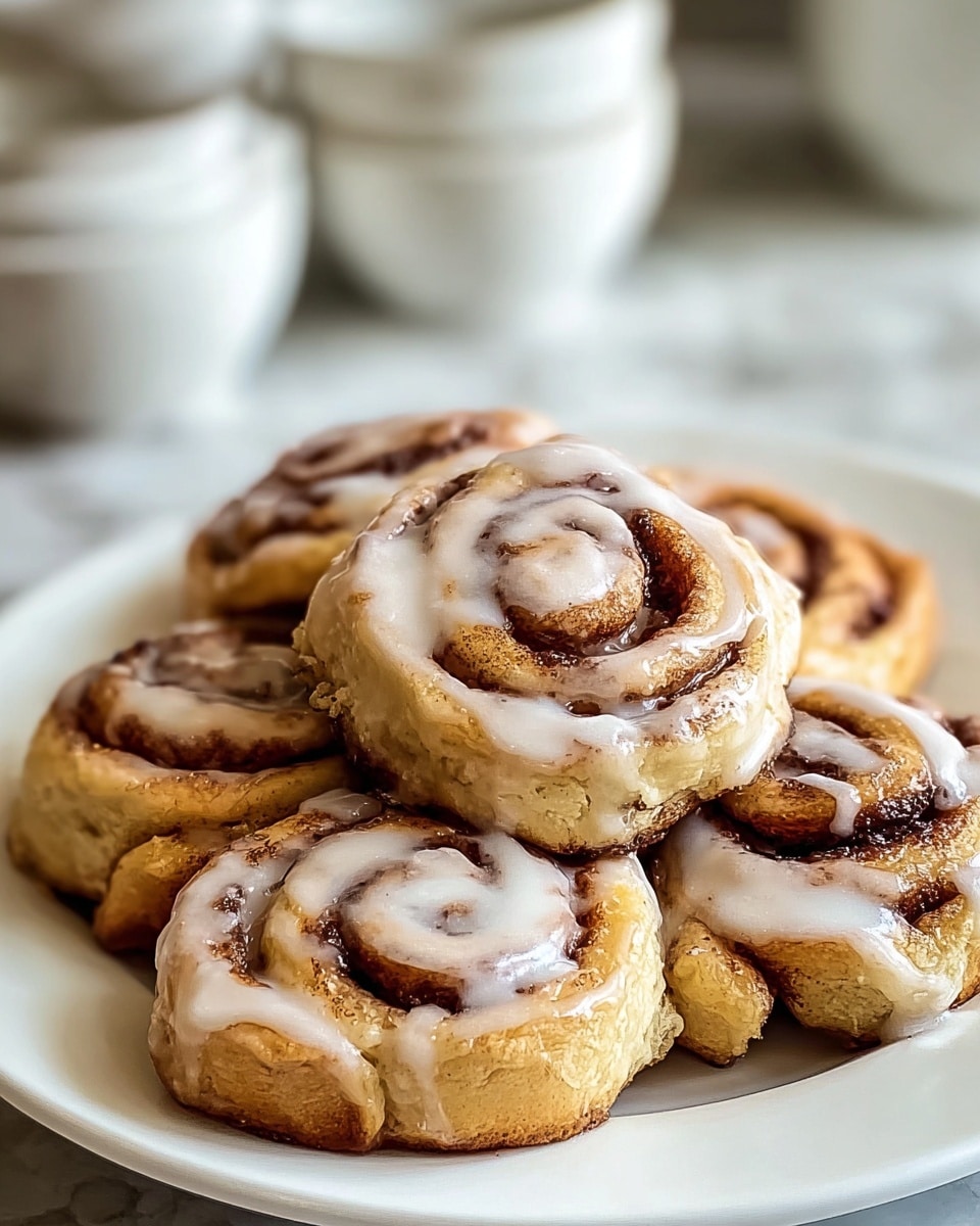 A white plate holds a stack of six cinnamon rolls with swirled layers visible. Each roll has a light golden-brown dough base with dark brown cinnamon swirls inside. The top of each cinnamon roll is drizzled with a shiny white glaze that partially covers the swirled pattern. The plate is on a surface with a white marbled texture, and soft, out-of-focus white bowls are faintly visible in the background. Photo taken with an iphone --ar 4:5 --v 7