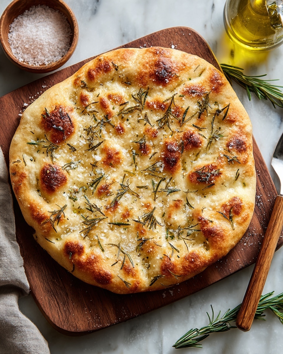 A round flatbread is shown on a wooden board placed over a white marbled surface. The flatbread has a golden brown crust with some spots darker from baking. On top, there are scattered small green herb leaves, possibly rosemary, and a light sprinkling of coarse salt crystals that glisten lightly. The texture of the bread looks soft and slightly bubbly with shiny patches of olive oil. On one side of the board, a small wooden bowl of coarse salt is visible, and on another side, a glass bottle of olive oil and a wooden fork rest. photo taken with an iphone --ar 4:5 --v 7
