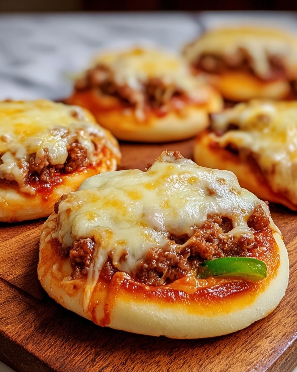 The image shows several small, thick mini pizzas placed on a wooden board, each with three distinct layers: a soft, golden-brown dough base, a smooth, rich red tomato sauce in the middle, and a thick top layer of cooked ground beef covered by bubbly, browned melted cheese that stretches slightly over the edge of the dough, with small pieces of green bell pepper visible near the base of the closest mini pizza. The background features a white marbled texture. photo taken with an iphone --ar 4:5 --v 7