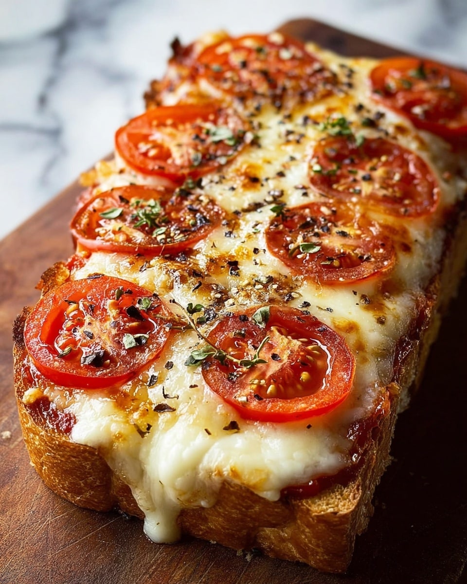 A close-up of a single large piece of toasted bread topped with a red tomato sauce base, followed by a thick layer of melted, bubbly white cheese with browned spots. On top of the cheese are evenly spaced slices of bright red tomato, sprinkled with black pepper flakes and small pieces of green herbs. The toast has a crunchy golden-brown crust and soft, airy white interior, set against a white marbled surface. photo taken with an iphone --ar 4:5 --v 7
