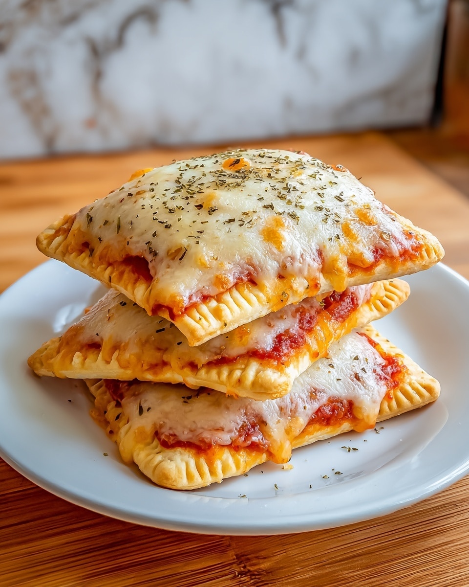 Three square pieces of baked pizza pockets are stacked on a white plate. Each piece has a golden-brown baked crust with melted cheese on top, showing small browned spots and sprinkled with dried herbs. The cheese layer is thick and slightly bubbly, covering a layer of red tomato sauce beneath it. The edges of each pocket are sealed tightly, showing a slightly crimped texture. The plate sits on a wooden surface with a white marbled texture background visible. photo taken with an iphone --ar 4:5 --v 7