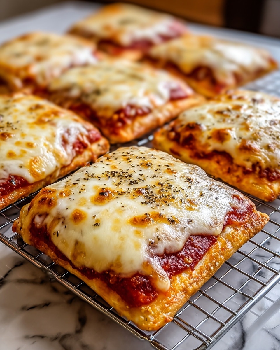 The image shows five square pieces of pizza cooling on a metal rack. Each piece has three visible layers: a golden-brown crust at the bottom, a bright red tomato sauce layer in the middle, and a thick, bubbly layer of melted white cheese on top. The cheese is slightly browned in spots, with some black pepper sprinkled over the closest piece, which is also the most in focus. The background has a soft, blurred look with a white marbled texture beneath the rack. photo taken with an iphone --ar 4:5 --v 7