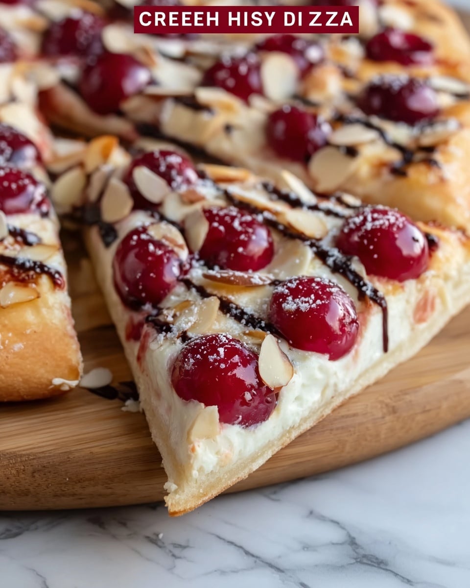 A close-up view of a dessert pizza slice taken from a white pizza topped with bright red cherries scattered across the surface. The base layer is golden-brown pizza crust with a slightly thick edge, followed by a smooth creamy white layer likely cheesecake or cream cheese. On top, whole cherries are placed evenly with toppings of thin almond slices and powdered sugar dusted lightly. There are thin, dark chocolate drizzle lines crisscrossing over the pizza, adding a glossy texture and contrast to the creamy white and red toppings. The pizza rests on a wood surface with a soft focus white marbled background. photo taken with an iphone --ar 4:5 --v 7