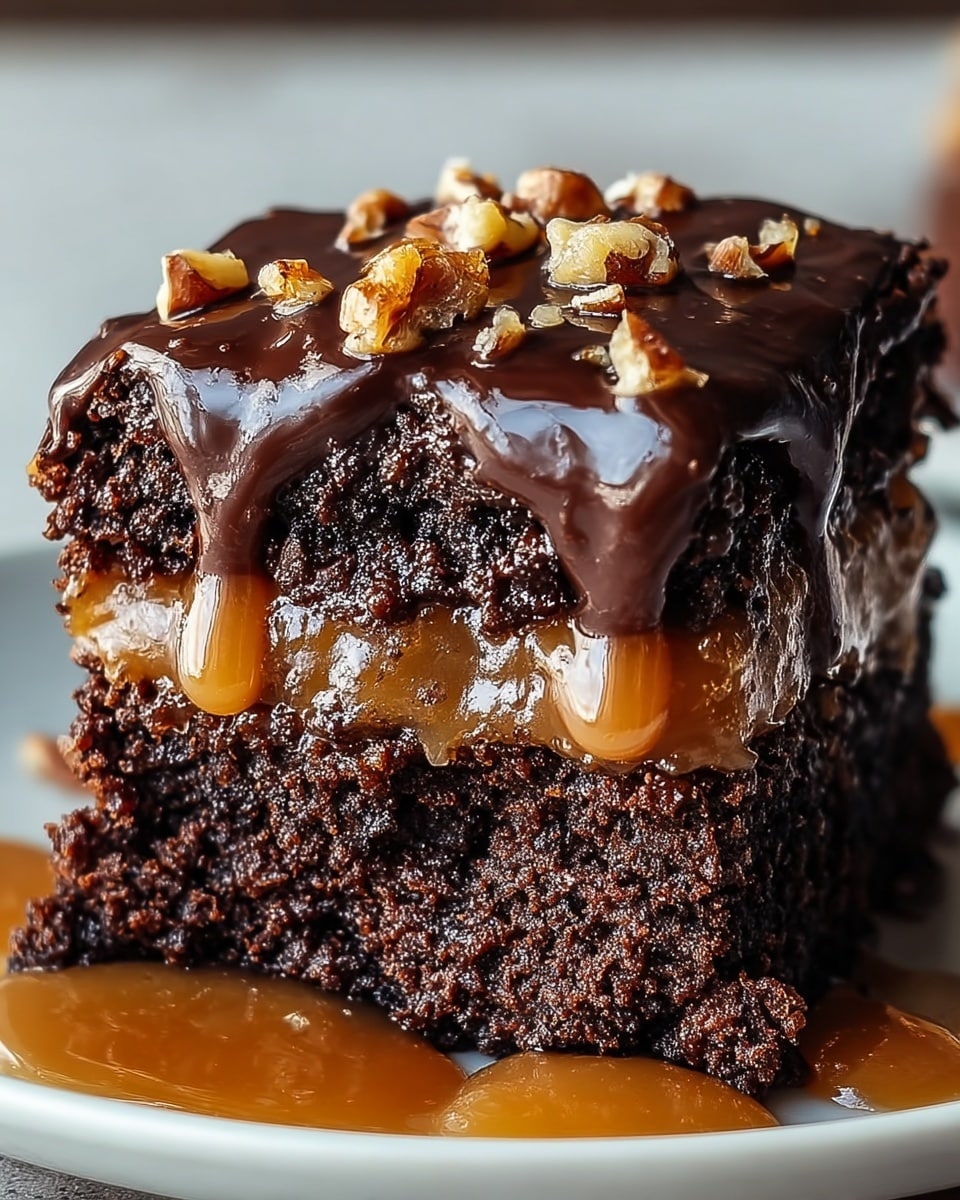 A close-up of a rich dessert square with three distinct layers on a white speckled plate, set on a white marbled surface. The bottom layer is dark brown and crumbly, looking like chocolate cake. The middle layer is lighter brown with a gooey caramel texture, oozing slightly down the sides. The top layer is a darker chocolate, covered with chunks of chocolate pieces and bits of crunchy golden toffee. The caramel layer shines under soft light, making the dessert appear sticky and sweet. photo taken with an iphone --ar 4:5 --v 7