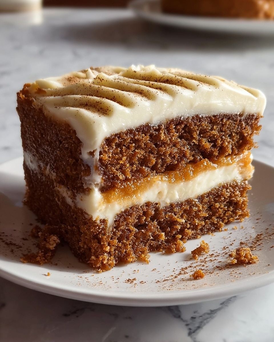 A thick slice of moist, brown cake with a dense texture forms the base and middle layers, separated by a smooth, light orange filling. The top layer is covered with a generous amount of creamy white frosting that has soft waves and slight peaks. The frosting is lightly dusted with brown cinnamon powder, adding a fine speckled texture on its surface. The slice is placed on a simple white plate with a few crumbs scattered around it, set against a white marbled background. photo taken with an iphone --ar 4:5 --v 7