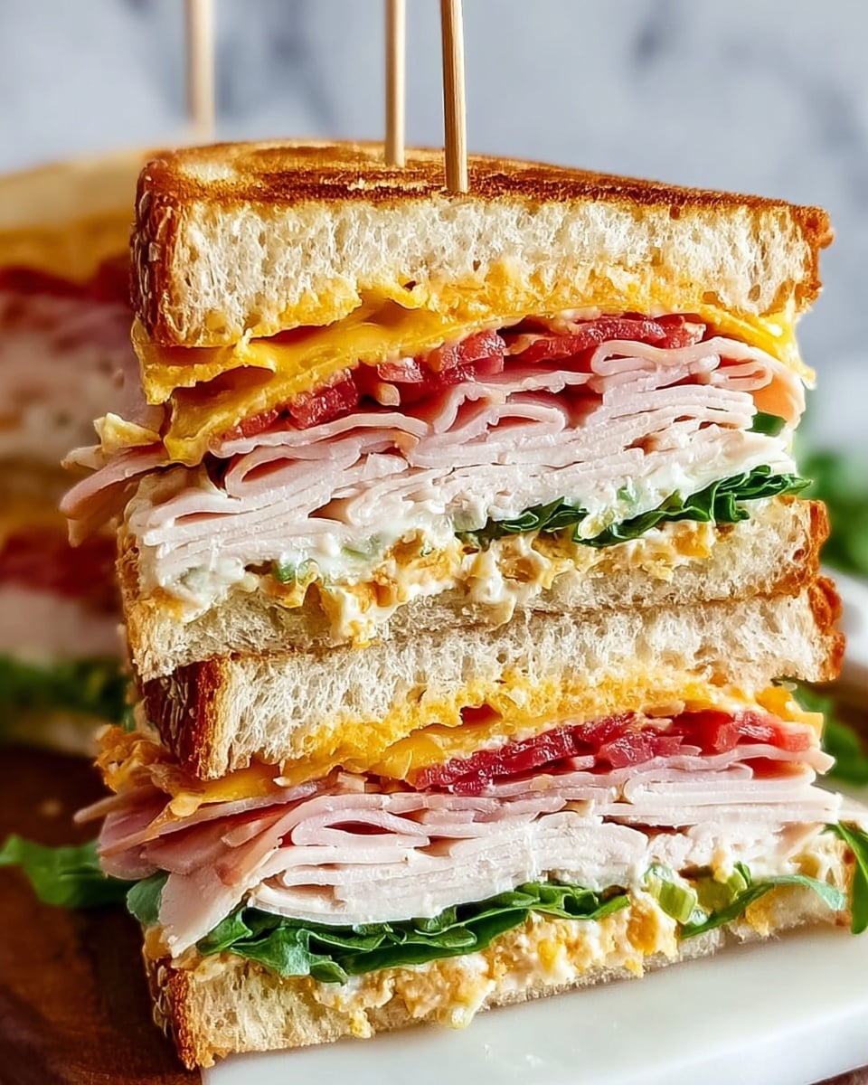 The image shows a thick sandwich cut in half and stacked, with six visible layers between two slices of toasted bread that are golden brown with a slightly crisp texture. The layers from top to bottom include thin red tomato slices, pink ham or turkey, fresh green leafy lettuce, a layer of white creamy spread, sliced pale pink turkey or chicken meat, and melted yellow cheese. The sandwich is held together with wooden picks and placed on a white marbled surface. Photo taken with an iphone --ar 4:5 --v 7