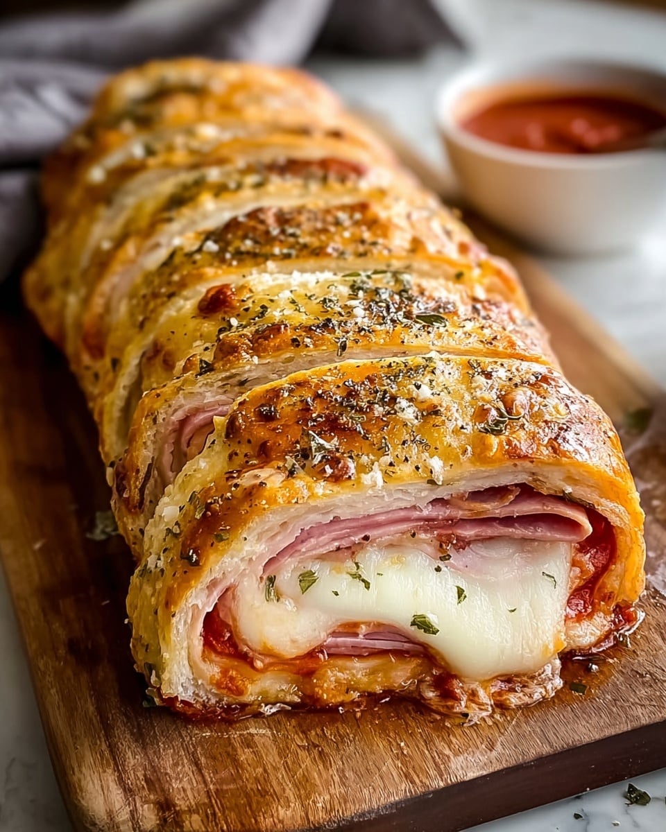 A golden brown roll sliced into even pieces rests on a wooden board, showing its inside layers: a soft crust outer layer sprinkled with herbs and black pepper, underneath thin, pink slices of ham folded over, layered with melted white mozzarella cheese that stretches slightly with a shiny, gooey texture, and a thin layer of red tomato sauce beneath the cheese. The roll looks crispy and soft at the same time, with a small white bowl of extra red dipping sauce blurred in the background on a white marbled surface. Photo taken with an iphone --ar 4:5 --v 7