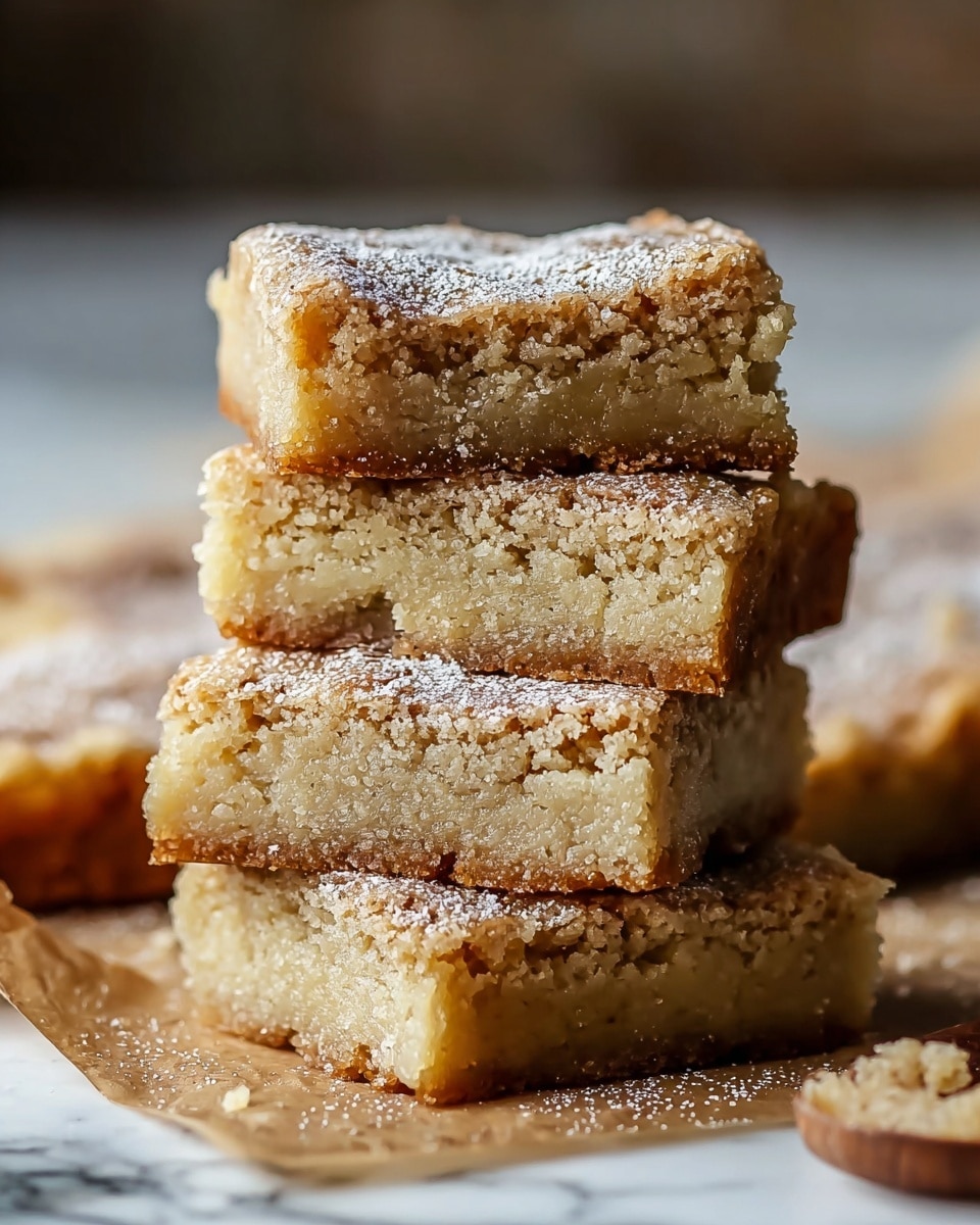 Two square pieces of blondie bars are stacked on a white marbled surface, each bar having a golden brown, slightly crumbly texture with a soft and moist inside. The top piece is dusted lightly with powdered sugar, giving it a soft white layer on top. The edges look crisp and browned, showing a contrast with the lighter interior. In the blurred background, more pieces of the blondie bars are visible. Photo taken with an iphone --ar 4:5 --v 7
