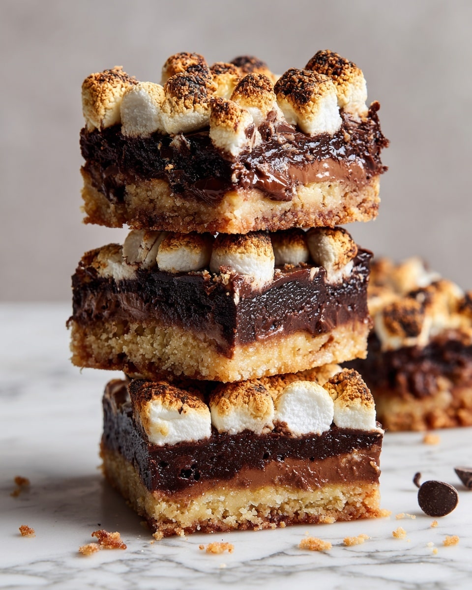 A stack of four square dessert bars is shown on a white marbled texture, each bar made of three layers. The bottom layer is a crumbly, golden-brown crust with a rough texture. The middle layer is thick and dark brown, rich chocolate with a slightly glossy surface and chunks visible inside. The top layer consists of toasted marshmallows, light golden on top with soft, slightly melted white parts beneath, giving a fluffy and puffy appearance. Some crumbs and chocolate chips are scattered around the stack, adding extra detail. photo taken with an iphone --ar 4:5 --v 7