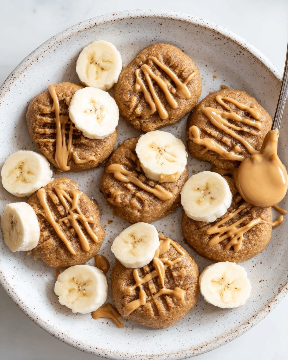 The image shows a white speckled plate holding eight small, round brown cookies with visible fork marks pressed on the top. Each cookie is drizzled with light brown peanut butter in thin, irregular lines, adding texture and color contrast. Scattered between the cookies are four banana slices, creamy white with soft yellow edges. The plate rests on a white marbled surface, creating a clean and bright background. photo taken with an iphone --ar 4:5 --v 7