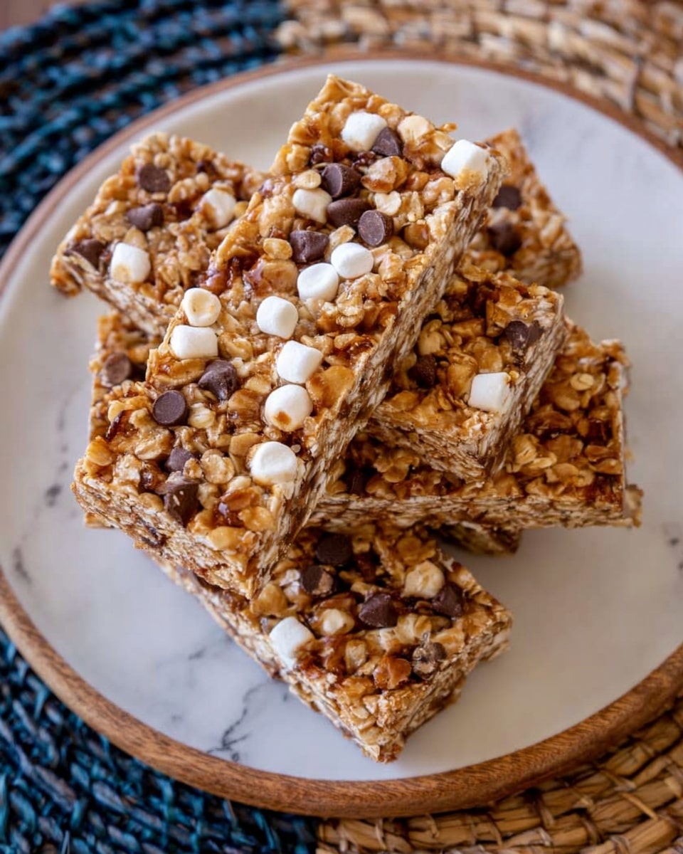 The image shows a round white plate with several granola bars stacked on top of each other. Each granola bar has a rough texture with visible layers of oats, small white mini marshmallows, dark chocolate chips, and nuts. The bars are golden brown and slightly sticky, with the marshmallows and chocolate chips spread evenly on the surface. The plate is set on a white marbled surface with a dark blue and beige woven mat underneath. photo taken with an iphone --ar 4:5 --v 7