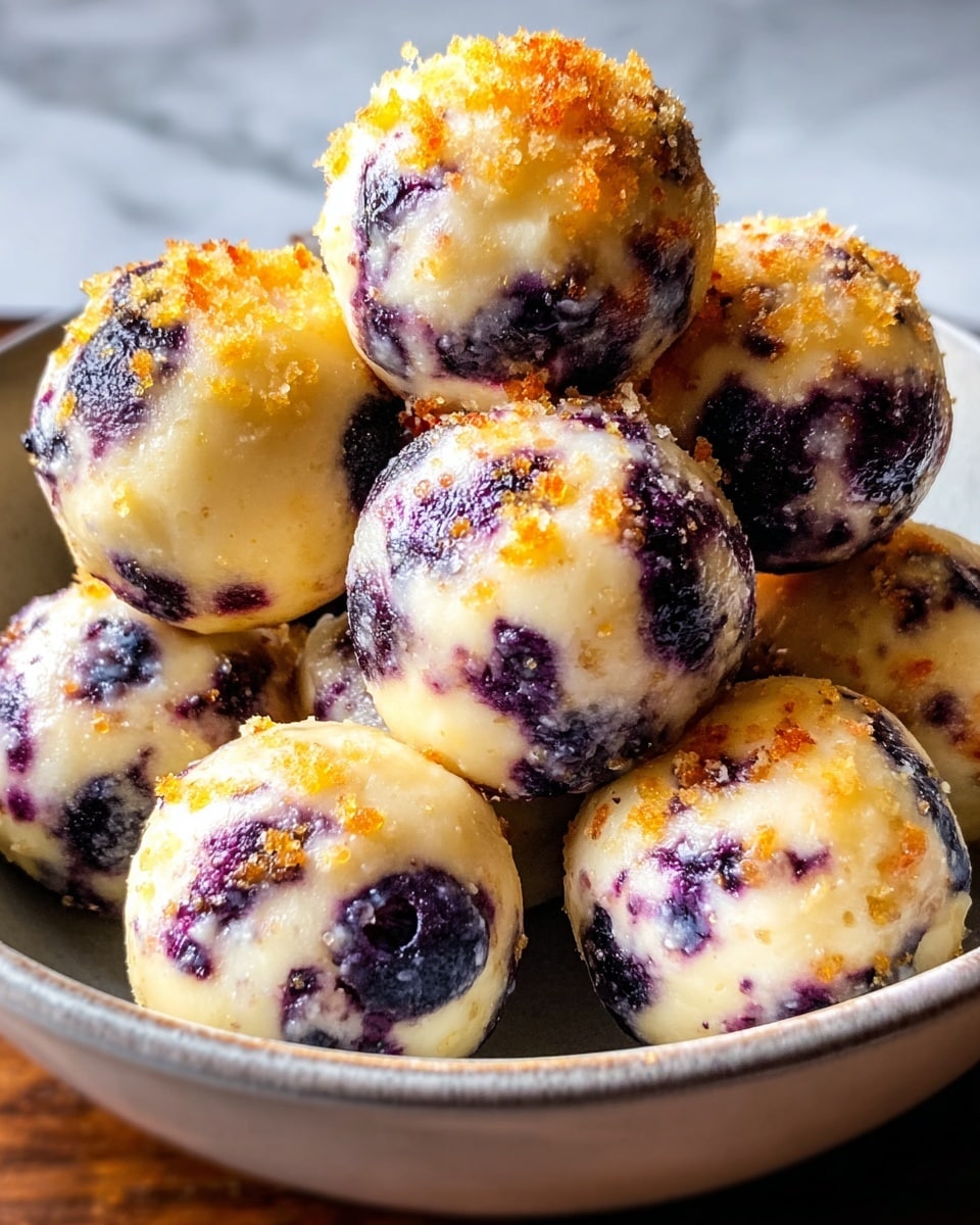 A close-up of a bowl filled with round balls that have a creamy light yellow base mixed with dark purple blueberries embedded inside. Each ball has a slightly browned, crispy top layer with a sprinkle of golden crumbs that add texture. The bowl is white with a slight rim, holding about a dozen of these blueberry balls piled up. The background features a white marbled texture that helps the colors of the balls and bowl stand out clearly. photo taken with an iphone --ar 4:5 --v 7