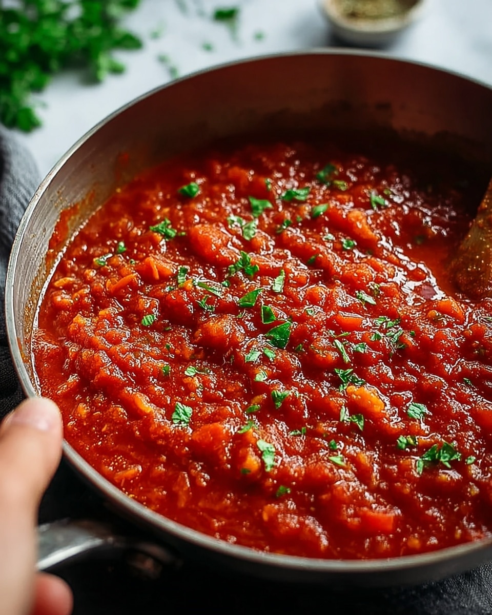 A close-up of a metal pan filled with thick, chunky red tomato sauce, textured with visible pieces of tomatoes and small bits of vegetables, sprinkled with finely chopped fresh green herbs on top. A woman's hand is holding the pan's handle on the left side, and the background shows a soft white marbled texture with some blurred green leaves. The sauce looks rich and hearty, with a glistening surface that suggests warmth and freshness. photo taken with an iphone --ar 4:5 --v 7