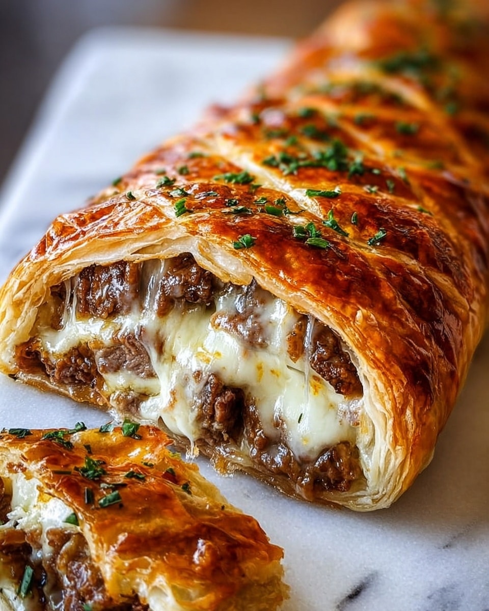 A close-up view of a rolled sandwich with three visible layers: the outer layer is a golden brown, slightly crispy flatbread with a textured, toasted surface; inside, there are two thick layers of melted, creamy white cheese that looks stringy and soft; sandwiched between and under the cheese are layers of tender, juicy, shredded beef that is dark brown with hints of seasoning and small bits of caramelized onion or spices. The sandwich sits on a white marbled surface. photo taken with an iphone --ar 4:5 --v 7